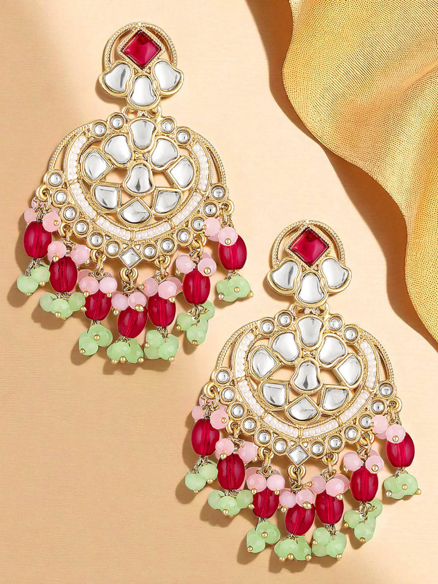 OOMPH Womens Pink & Green Kundan Pearls Stylish Latest Gold Ethnic Drop Earrings