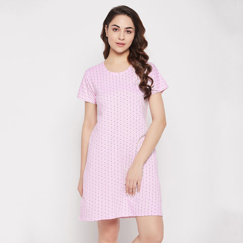 Clovia Print Me Pretty Short Night Dress In Baby Pink 100 Percent Cotton  (3XL)