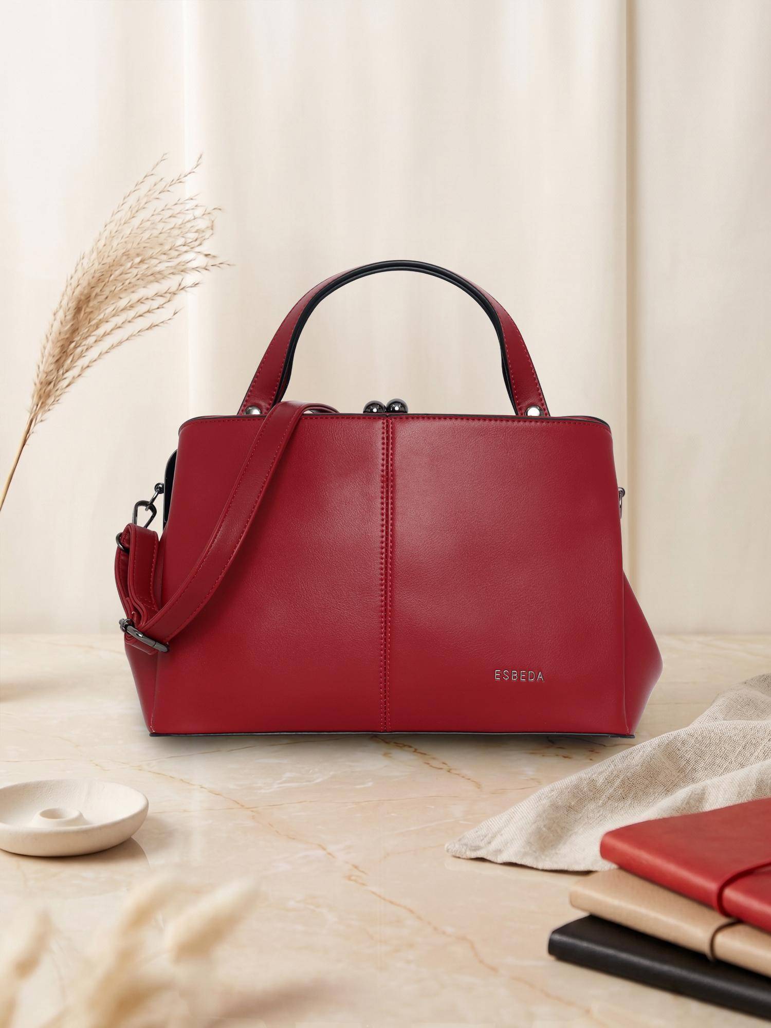 ESBEDA Wine Retro Chic Frame Handbag with Detachable Strap (M)