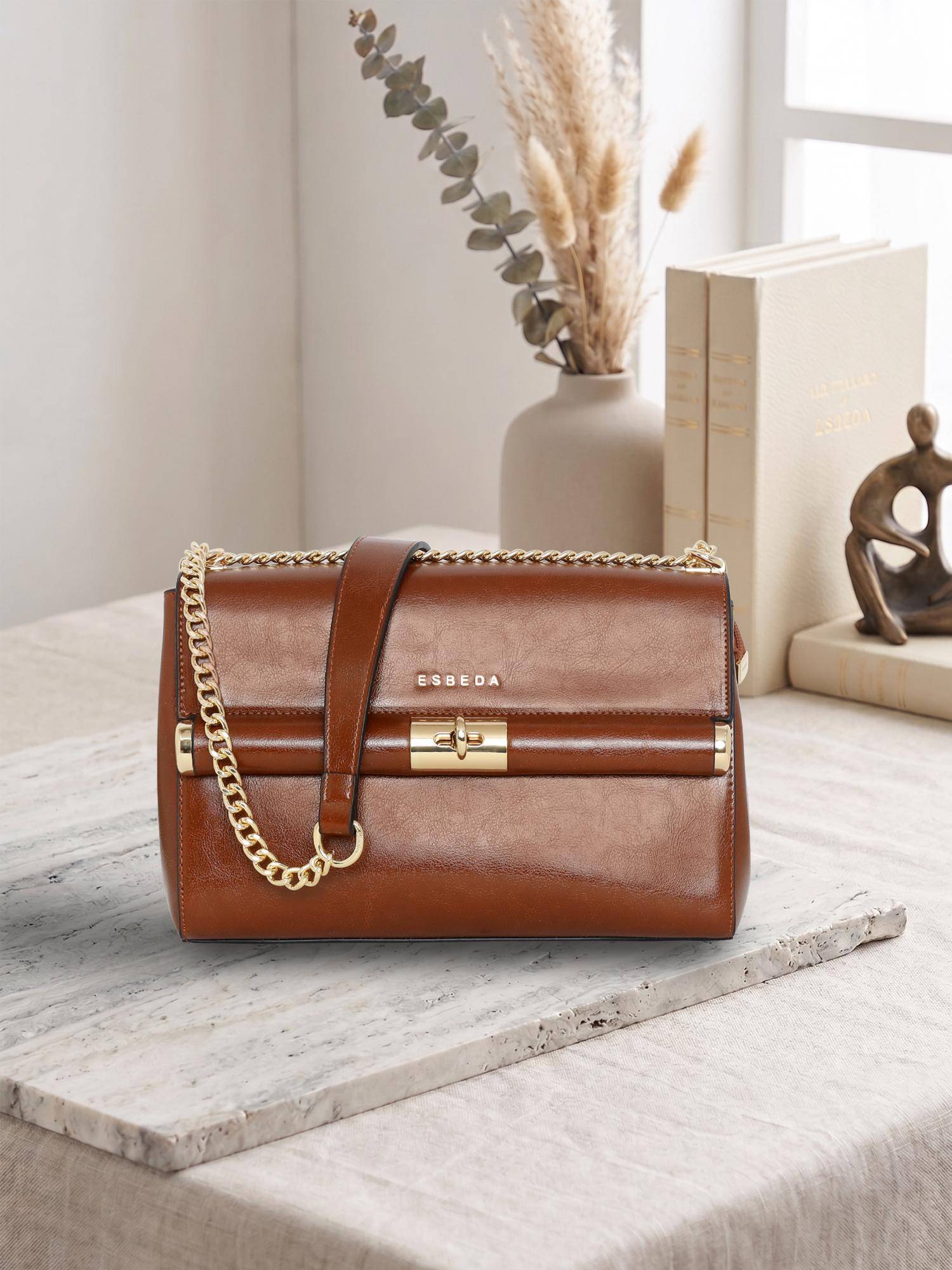 ESBEDA Brown Twist Lock Elegance Handbag (L)