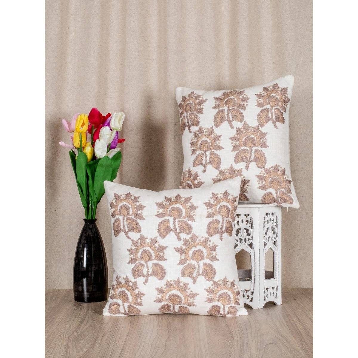 SHADES OF LIFE Cotton Decorative Cushion Covers (Multi Color Emb 16 x 16)Set of 2