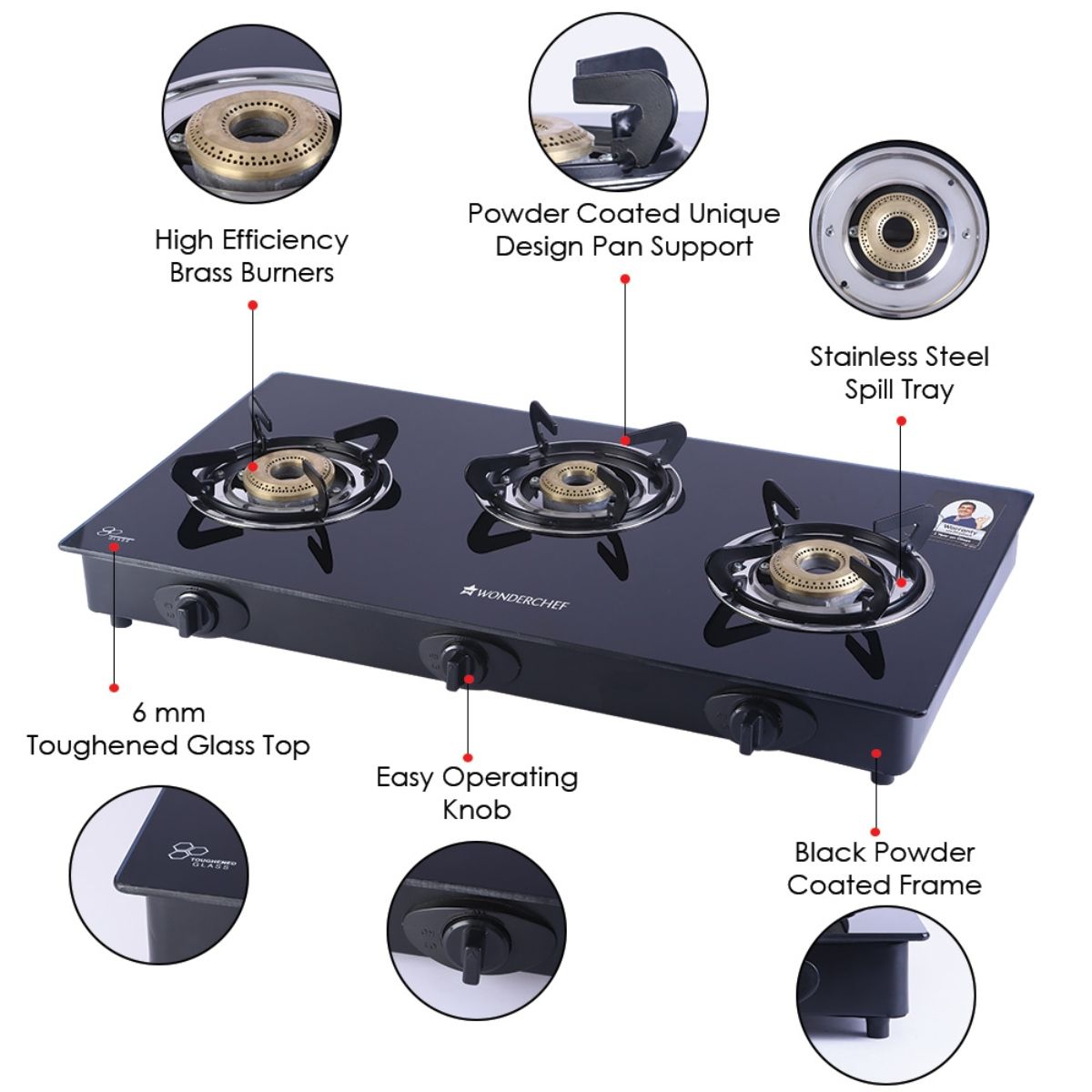 Buy Wonderchef Ultima Plus 3 Burner Auto Cooktop, 6 mm Thick Toughened ...