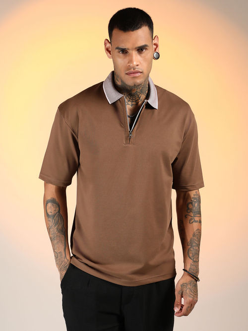 Campus Sutra Men'S Chocolate Brown Solid Oversized Polo T-Shirt