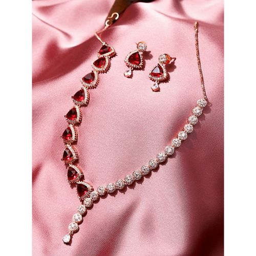 Voylla American Diamond CZ Rose Gold Plated Pearl Necklace Red Stone (Set  of 3)
