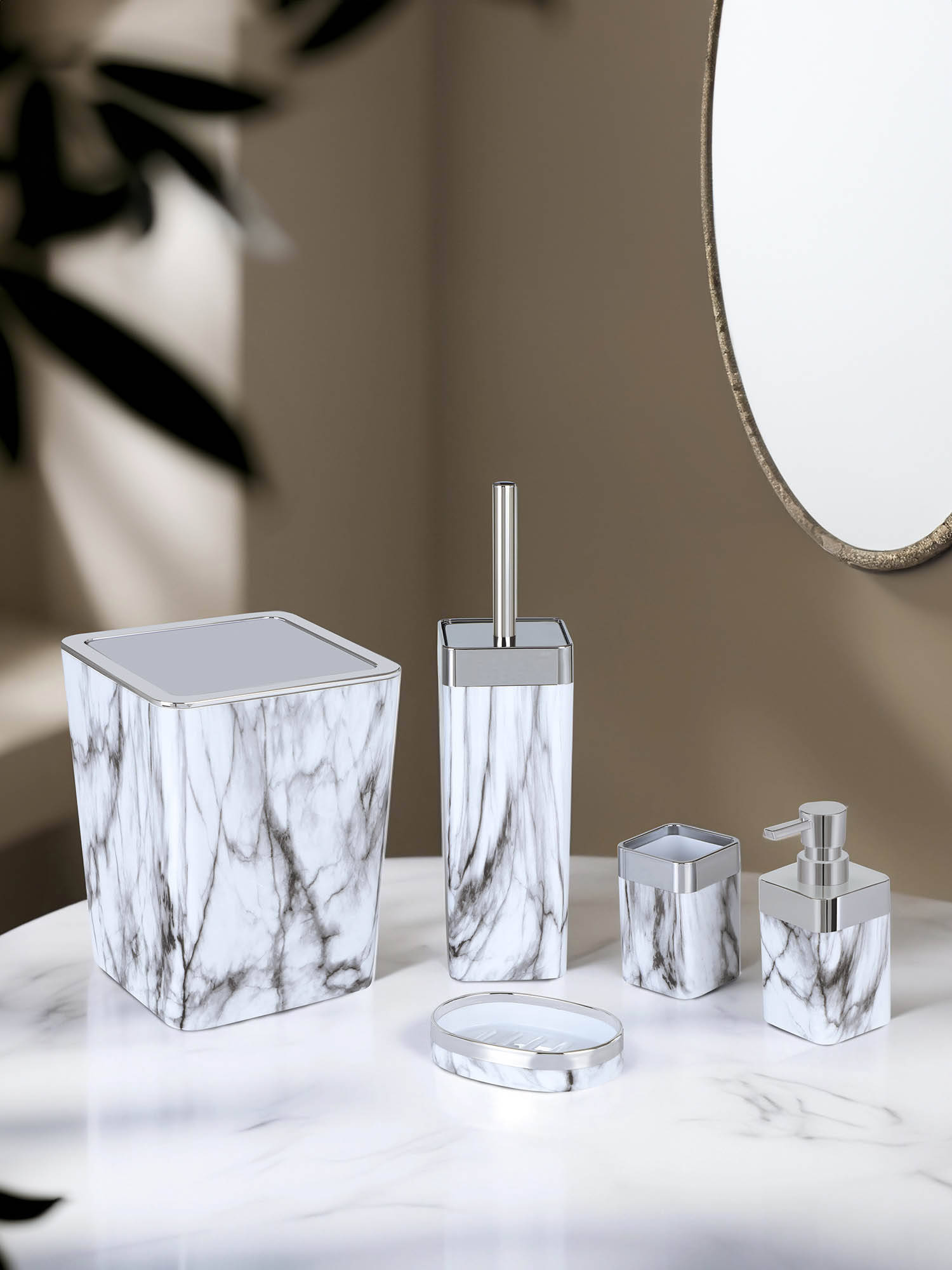 OBSESSIONS Pvc Solid 5 Pcs Bathroom Set- Grey White
