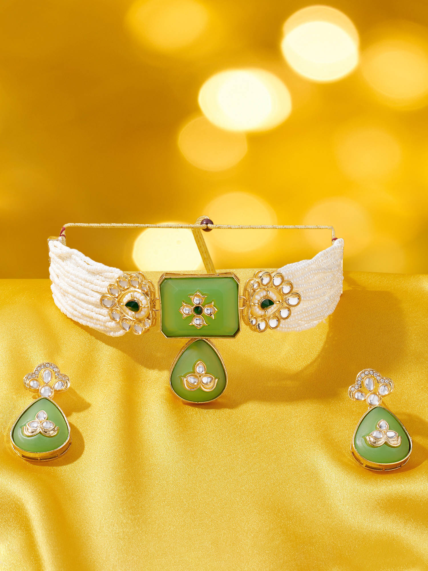 Zaveri Pearls Green Stones Multistrand Beaded Choker Jewellery Set