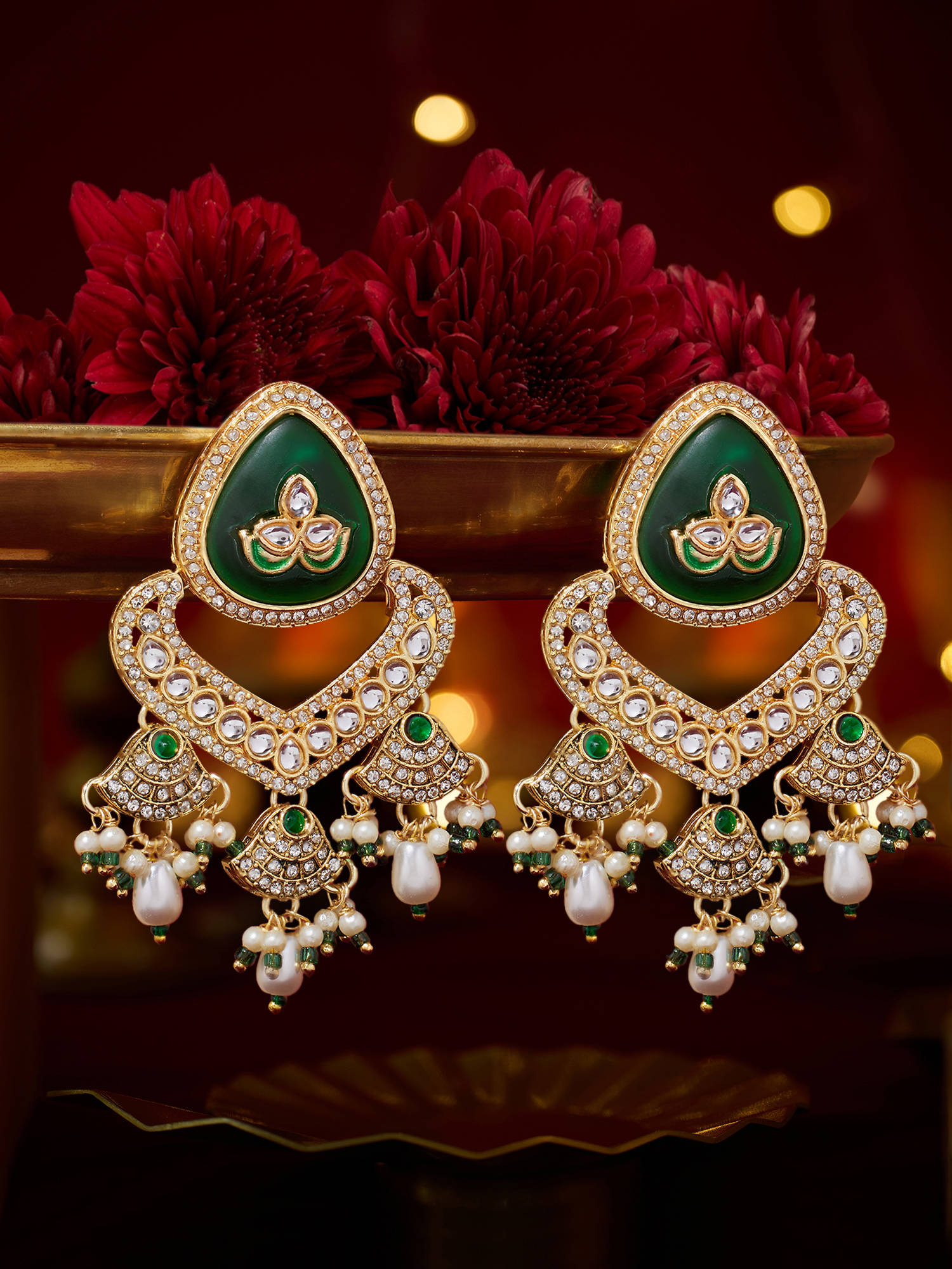 Zaveri Pearls Green Stones Beads Kundan Traditional Dangler Earrings