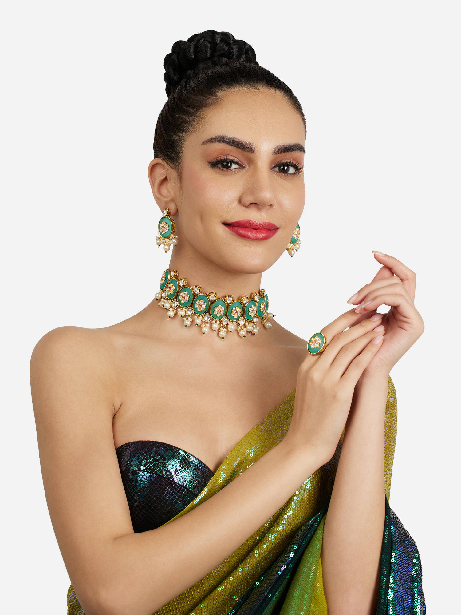 Zaveri Pearls Green and Pink Stones Beads Choker Jewellery Set