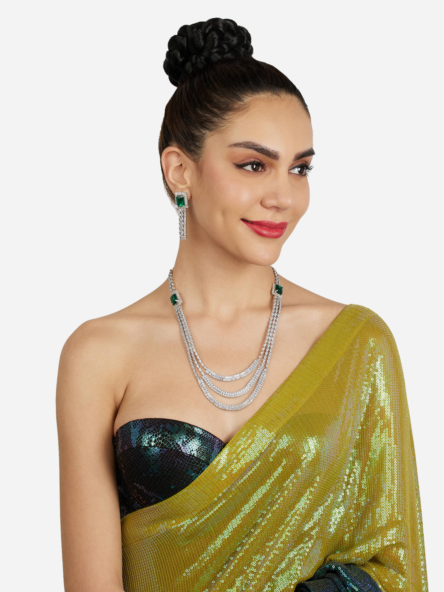 Zaveri Pearls Green Stones Diamonds Layered Necklace and Earrings Set