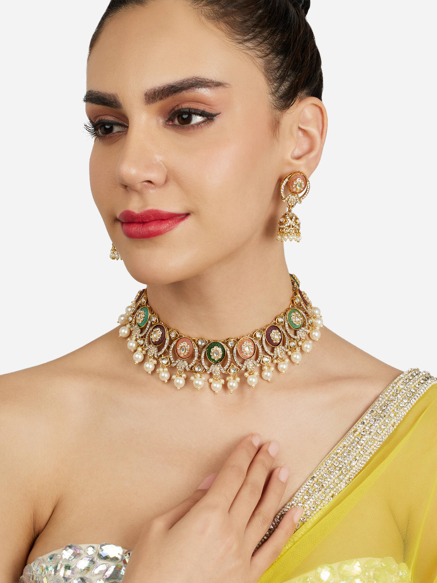 Zaveri Pearls Multi-Color Stones Pearls Choker Jewellery Set