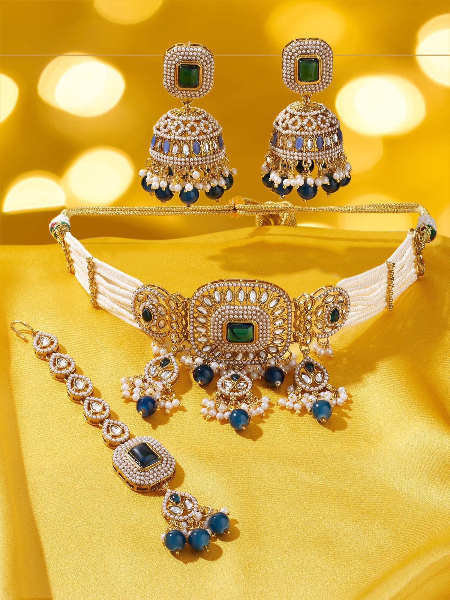 Zaveri Pearls Blue Stone Multistrand Choker Jewellery Set