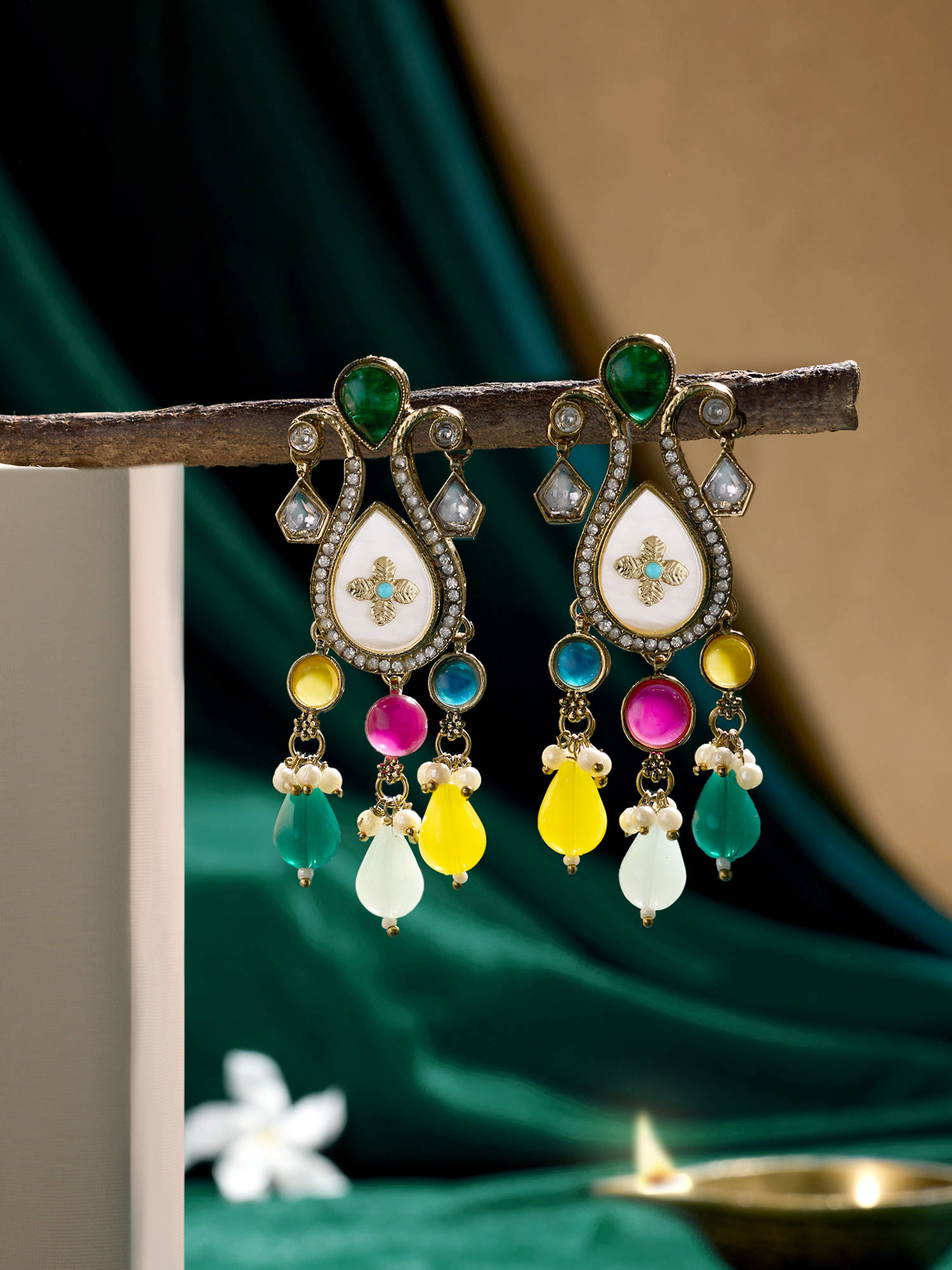 Zaveri Pearls Multicolor Stones Beads Austrian Diamonds Drop Earring-ZPFK21591