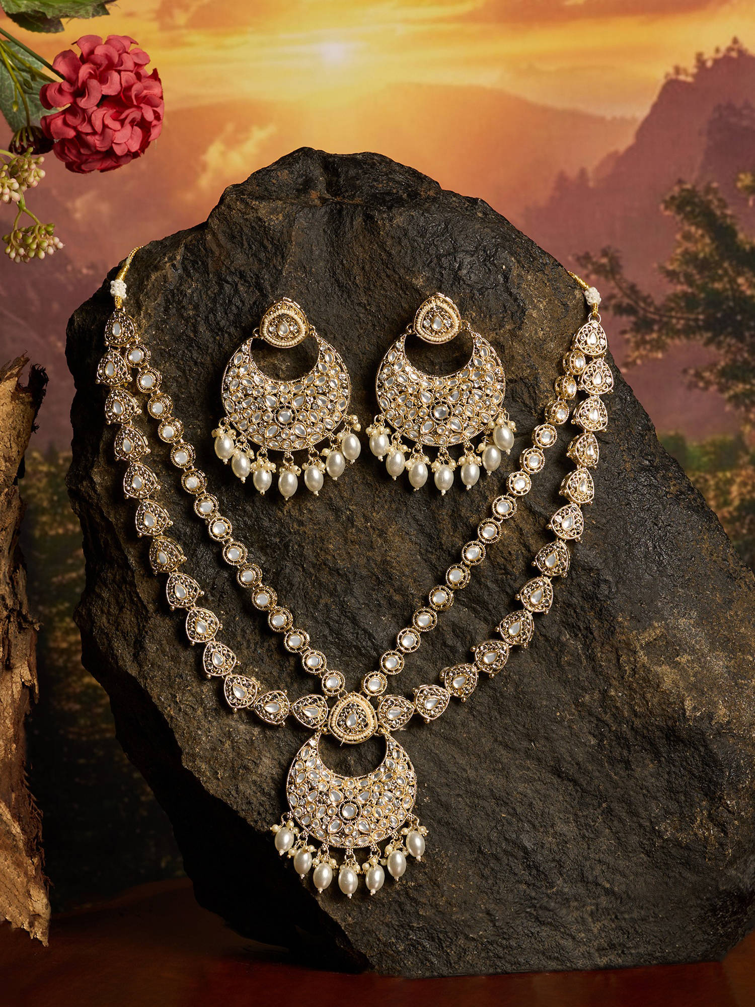 Zaveri Pearls Gold Tone Dazzling Stones Beads Drop Necklace and Earring Set-ZPFK21835