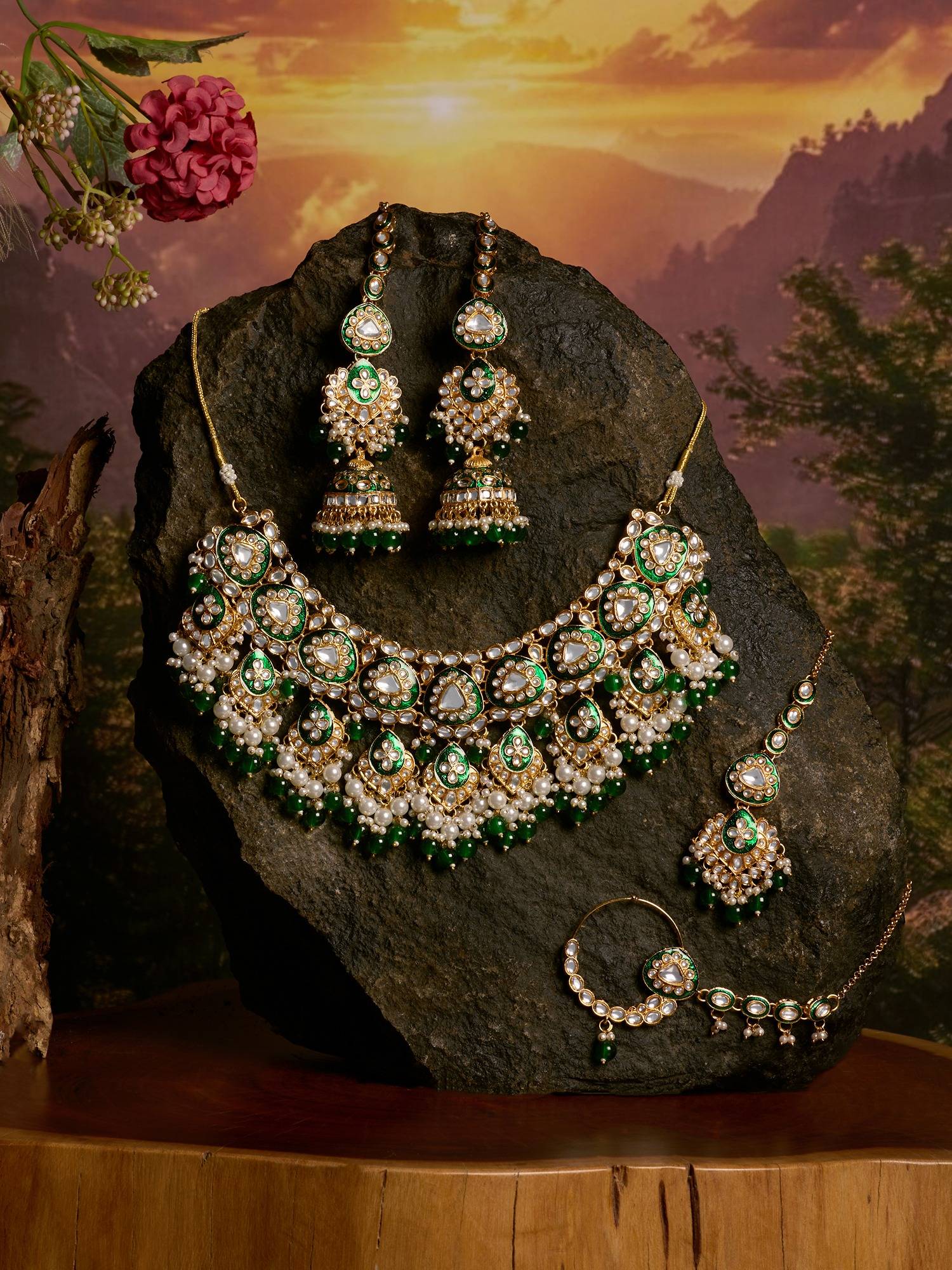 Zaveri Pearls Green Meenakari Choker Necklace Earring Maangtikka Nose Ring-ZPFK21837