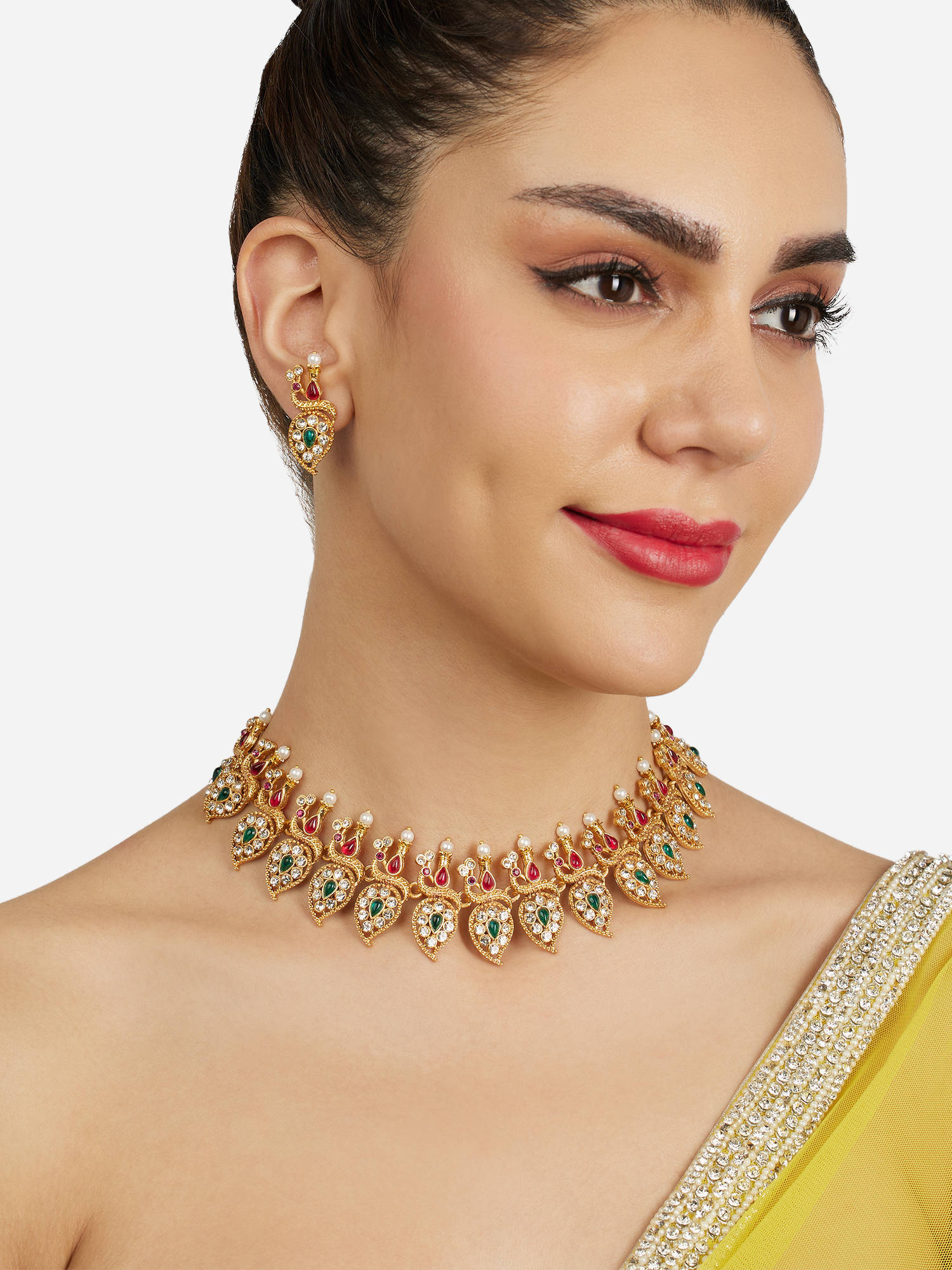 Zaveri Pearls Pink Green Stones Peacock Inspired Necklace and Earring Set-ZPFK21841