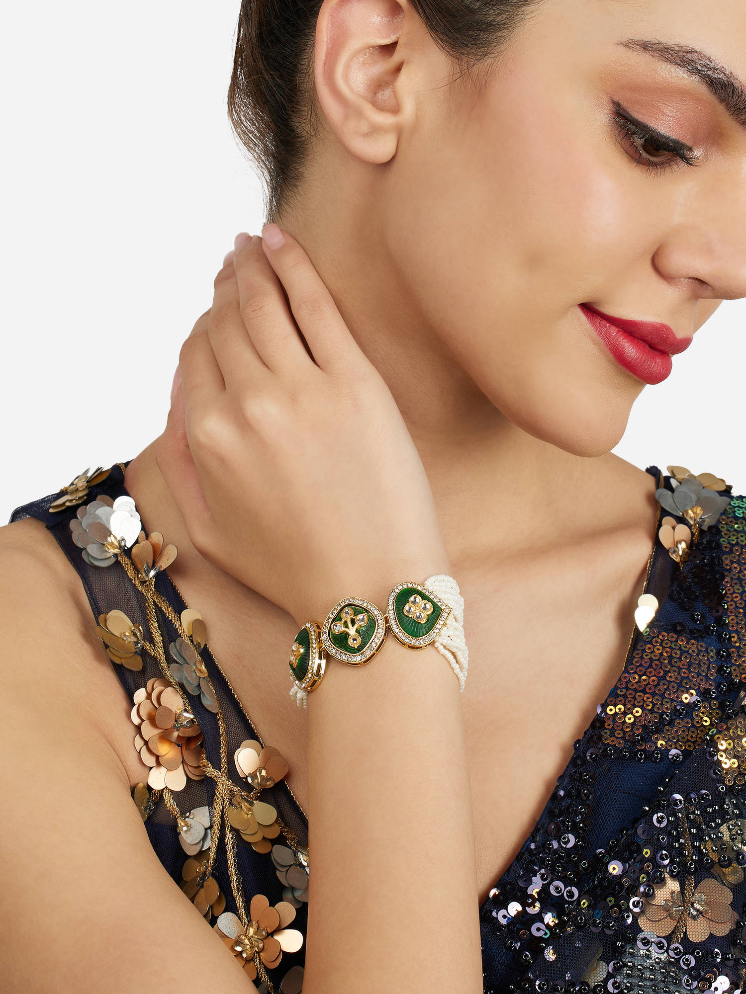 Zaveri Pearls Green Stones Austrian Diamonds Multistrand Beaded Bracelet-ZPFK21843