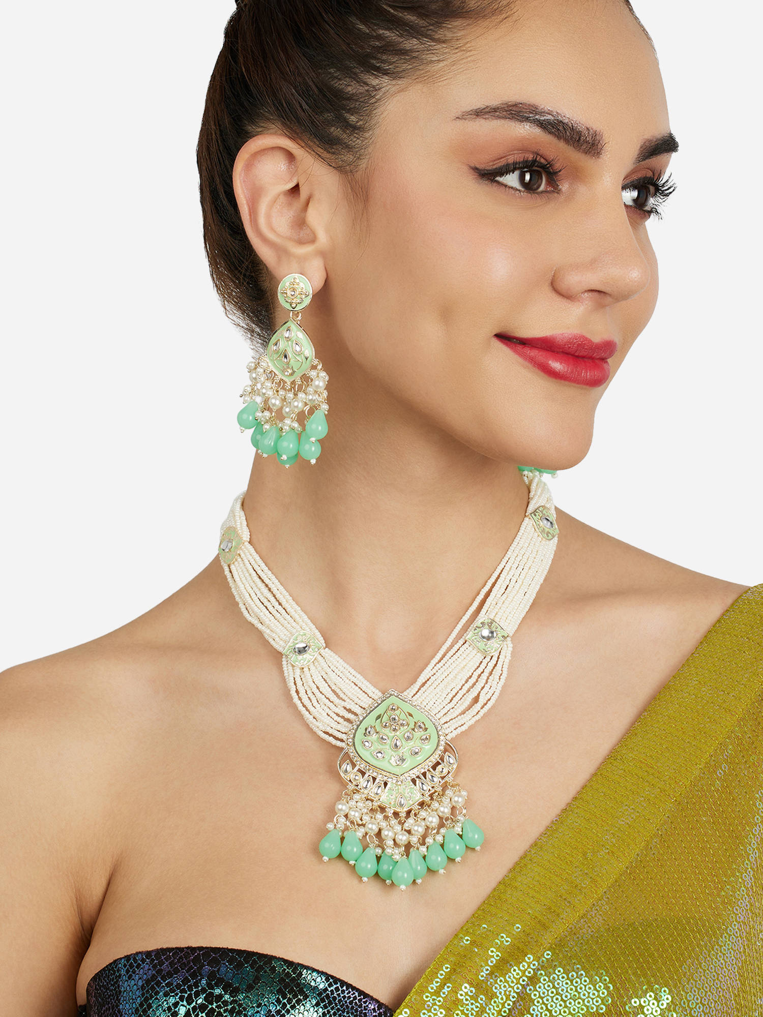 Zaveri Pearls Mint Green Meenakari Multistrand Beaded Necklace Earring Set-ZPFK21849