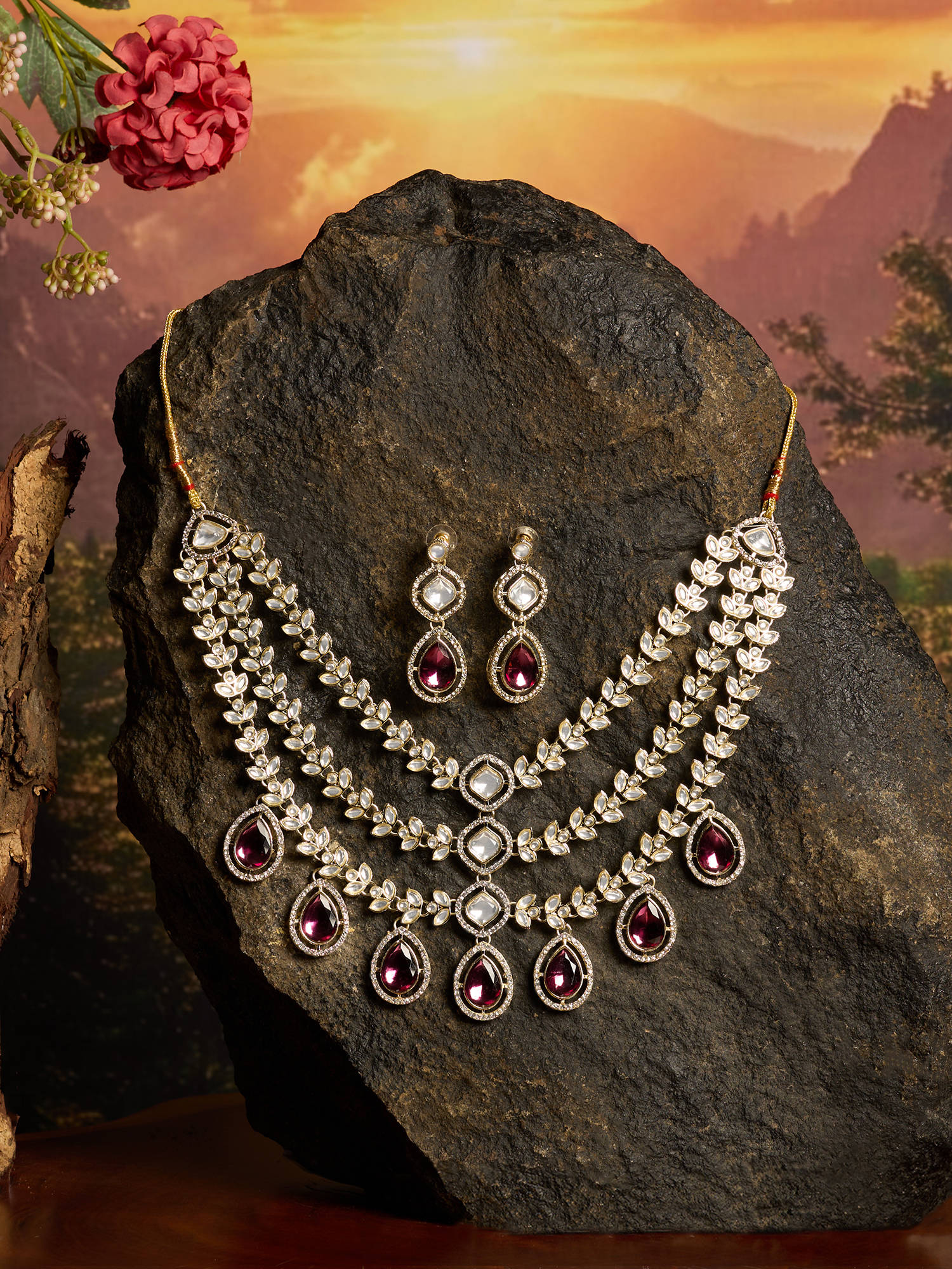 Zaveri Pearls Wine Color Dazzling Stones MultiLayer Necklace and Earring Set-ZPFK21859