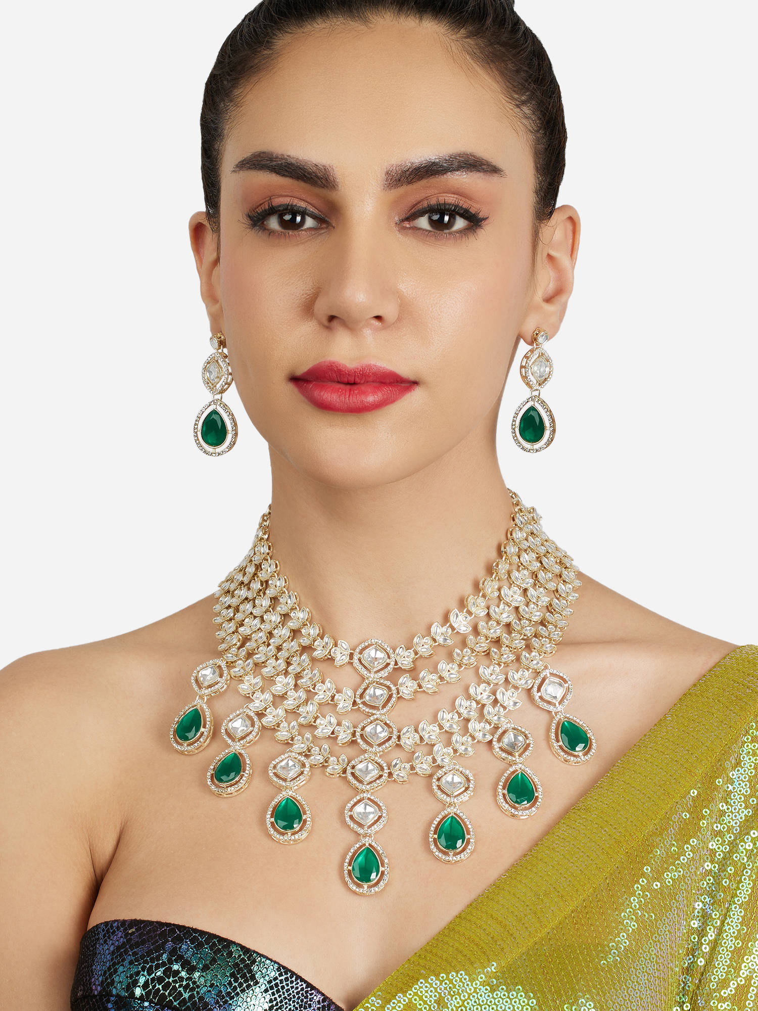 Zaveri Pearls Green Dazzling Stones MultiLayer Necklace and Earring Set-ZPFK21860