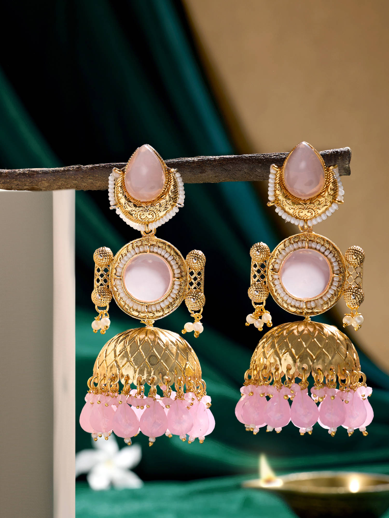 Zaveri Pearls Pink Stones Beads Embellished Ethnic Statement Jhumka Earring-ZPFK21883