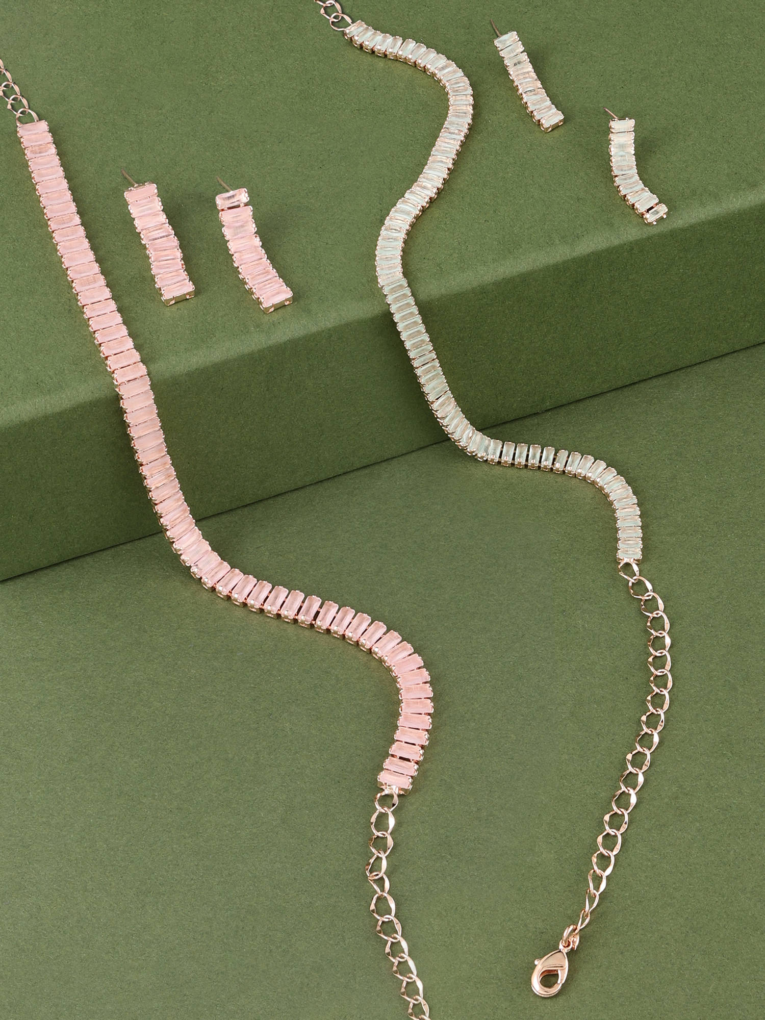 Zaveri Pearls Combo of 2 Pink Green Baguette Diamonds Necklace Earring Set-ZPFK21898