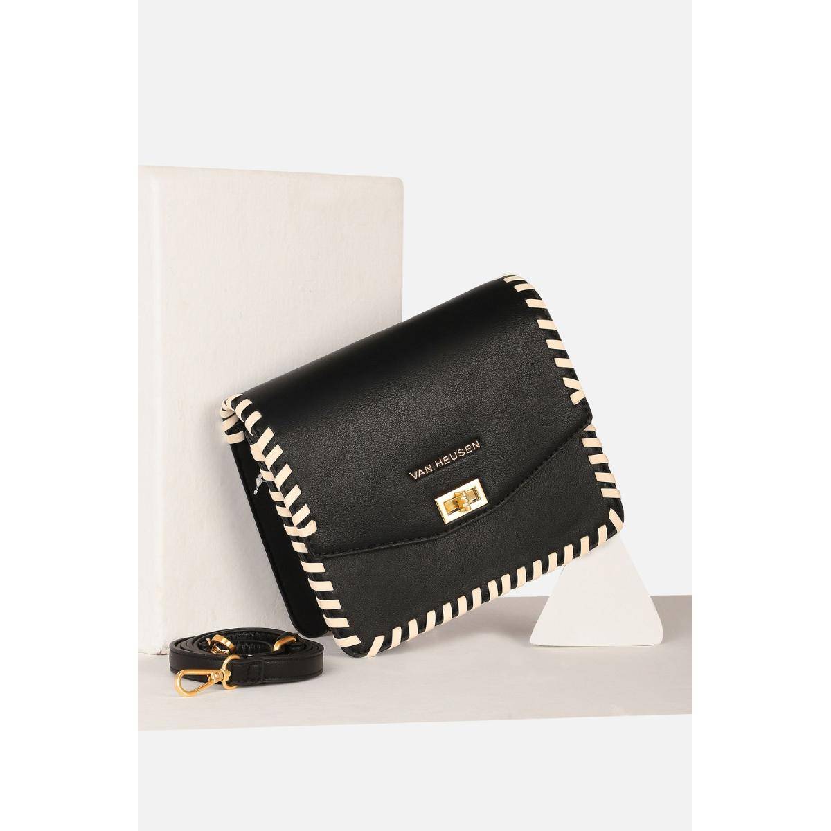 Van Heusen Women Black Textured Casual Sling Bag with Detachable Strap