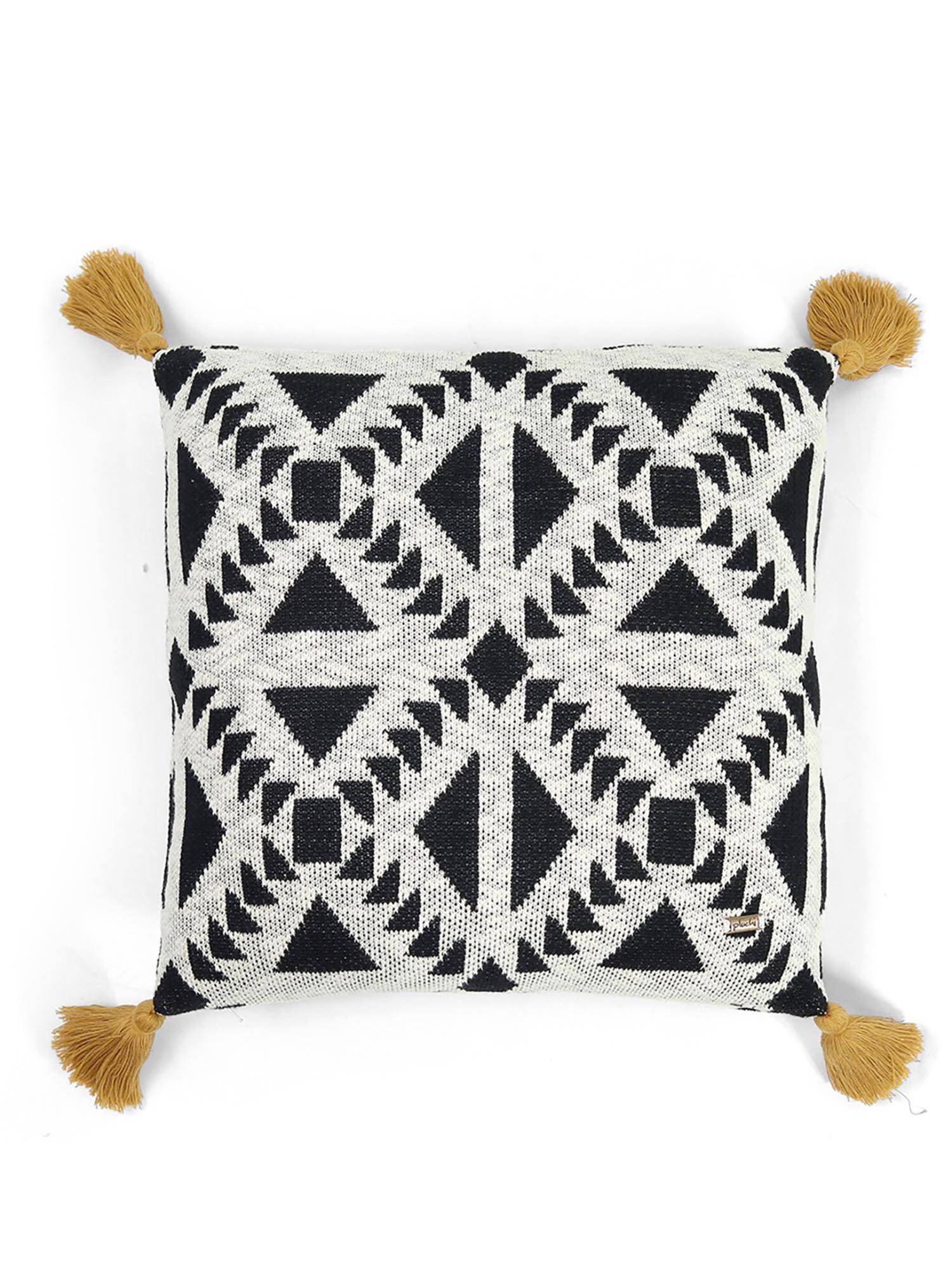 PLUCHI Abstract Black, Natural & Mustard Cotton Knitted Decorative 16 x 16 Inches Cushion Cover