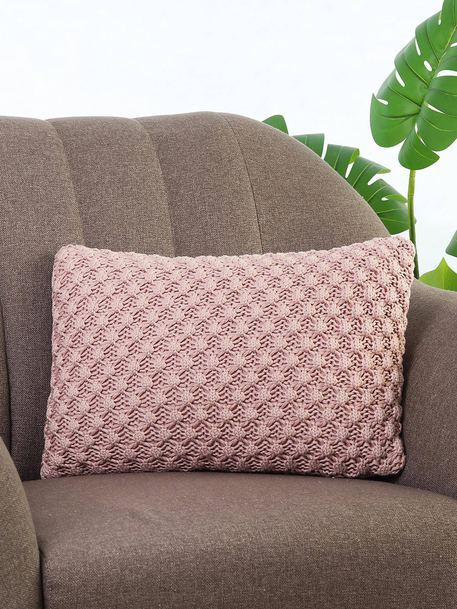 PLUCHI Popcorn Knit Cameo Pink Cotton Knitted Decorative 12 x 20 Inches Cushion Cover