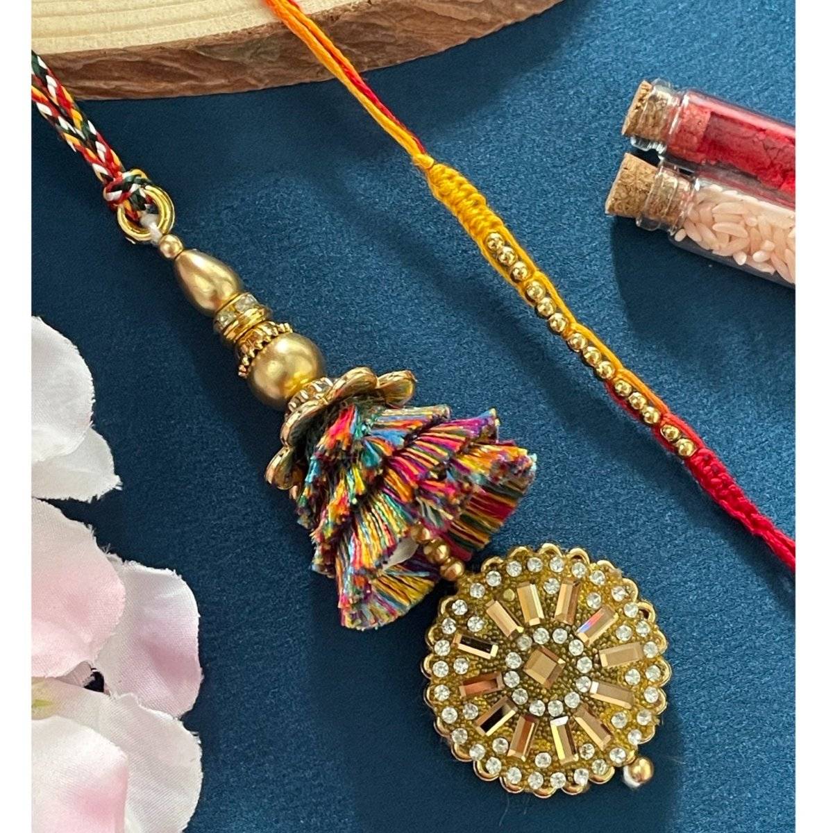 Digital Dress Room Golden Bead/Tassel Lumba Rakhi (Set of 2)