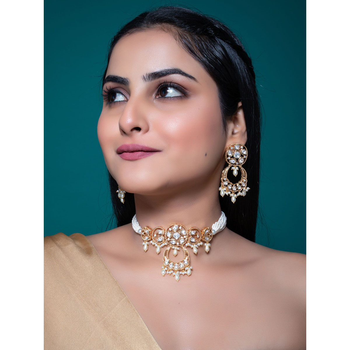 Johori White Kundan Polki Choker Necklace Set Buy Johori White Kundan