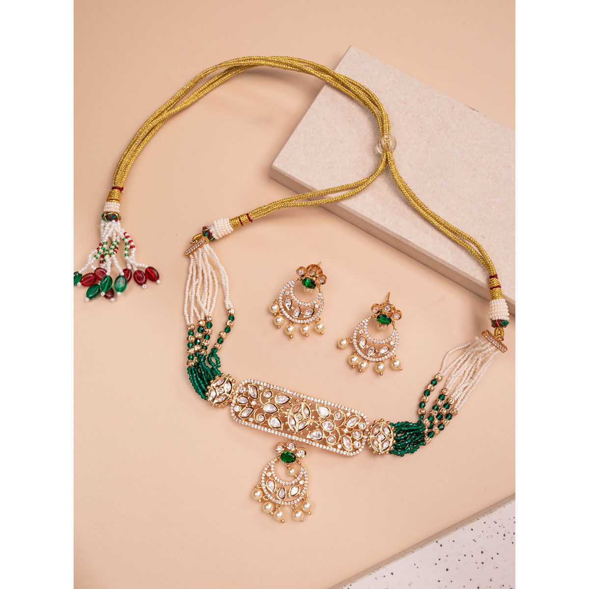 Buy Johori Green Kundan Polki Choker Necklace Set Online