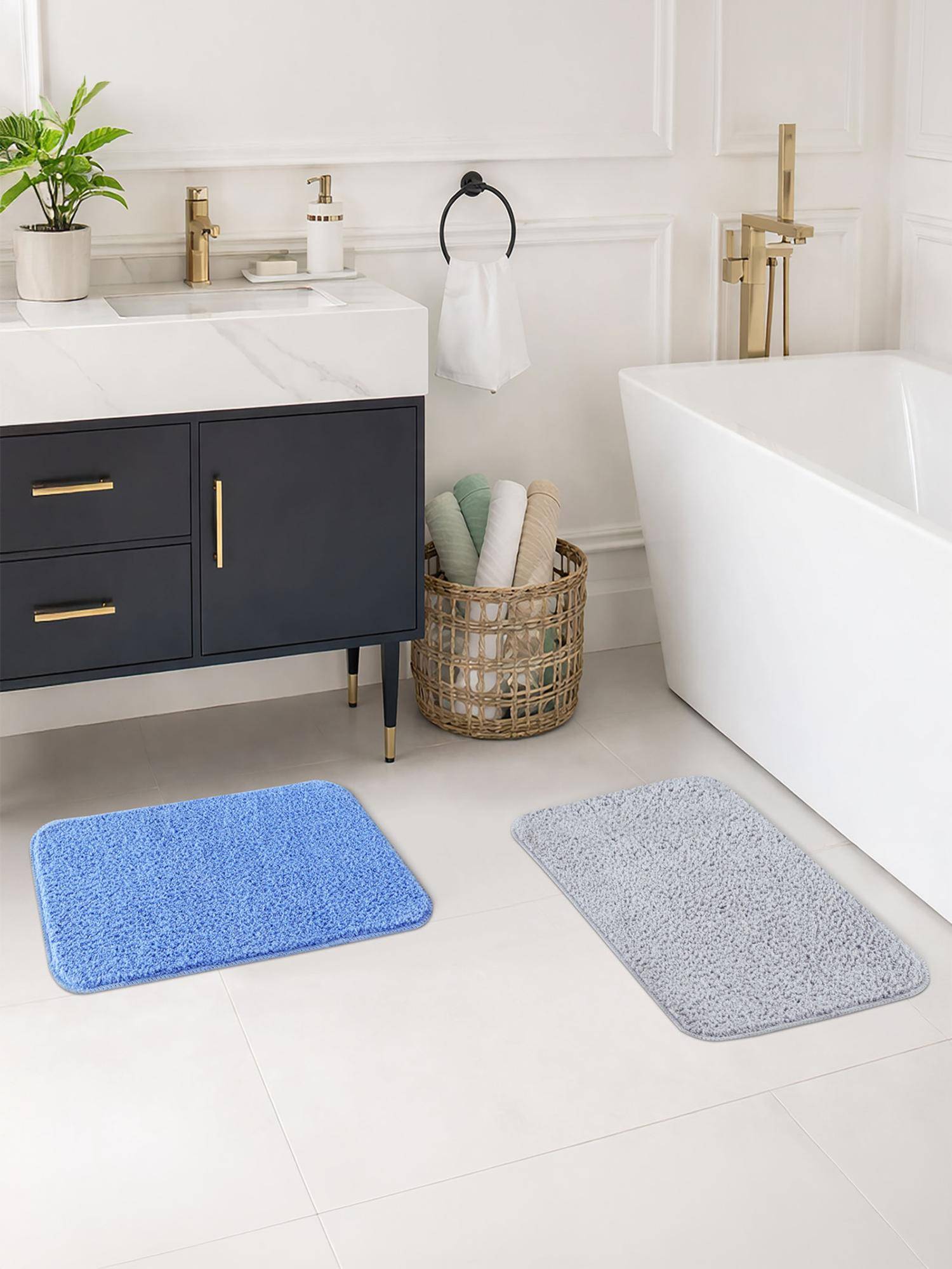 OBSESSIONS Absorbent and Quick-Dry Polyester Bath Mat - Blue & Silver (Pack of 2)