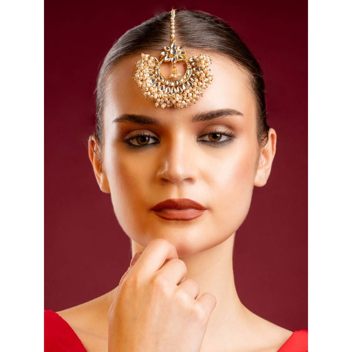 PANASH Gold-Plated Kundan Pearl Maangtikka