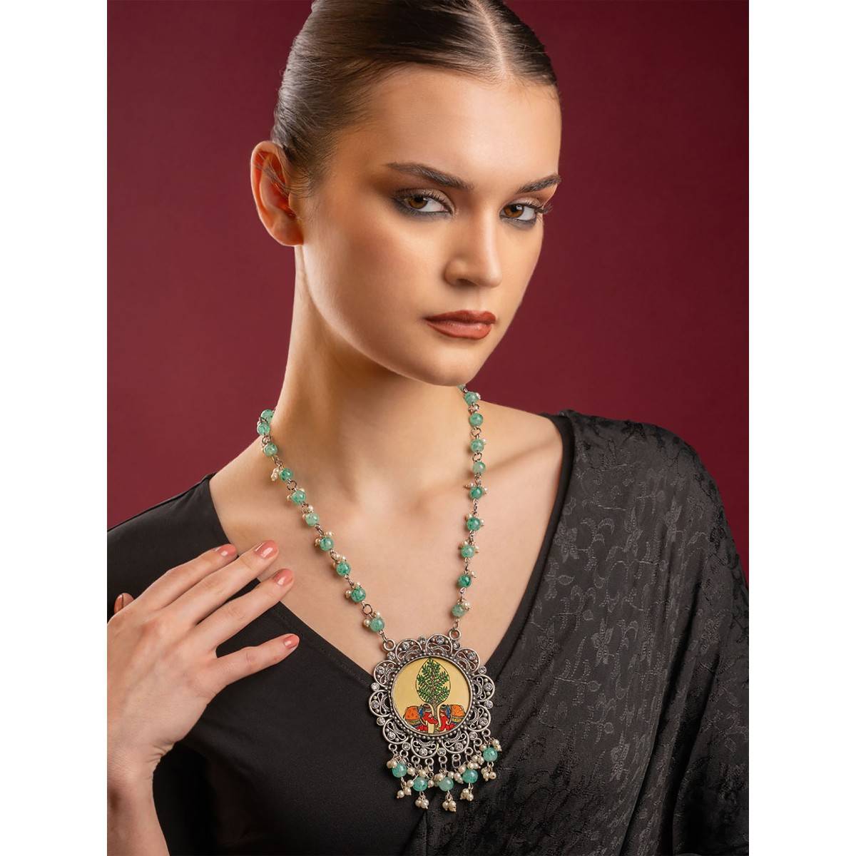 PANASH Silver-Plated Green Handcrafted Pearl Necklace