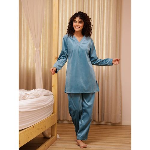 Buy SAY Women Solid Blue V-Neck Winter Wear Night Suit (Set of