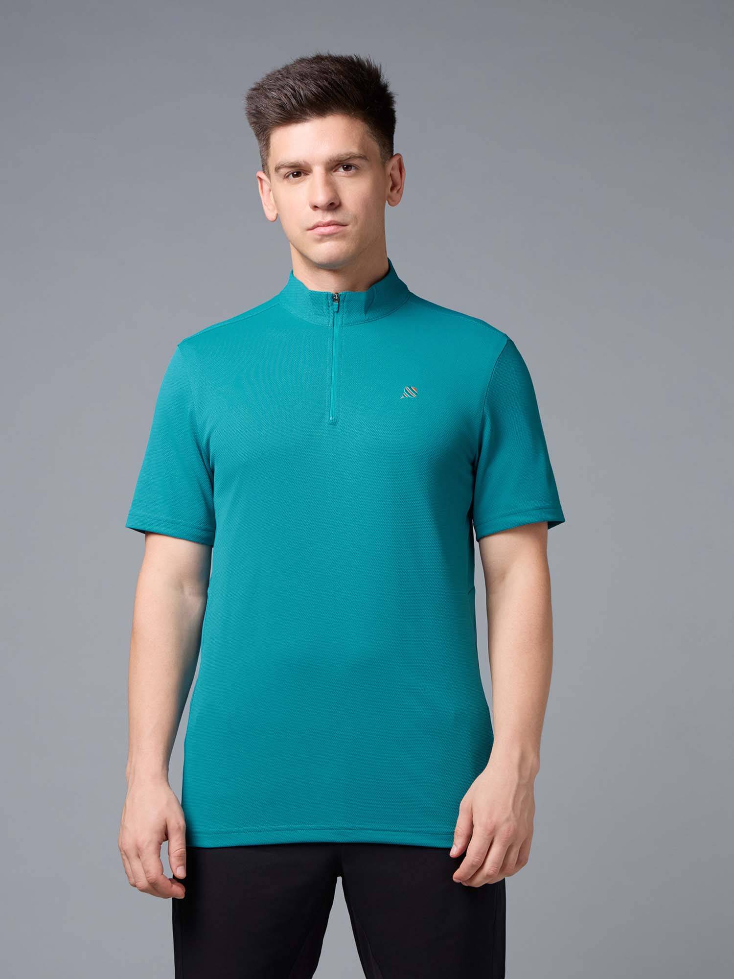 Buy Technosport Men Turquoise Textured Half Sleeves High Neck T