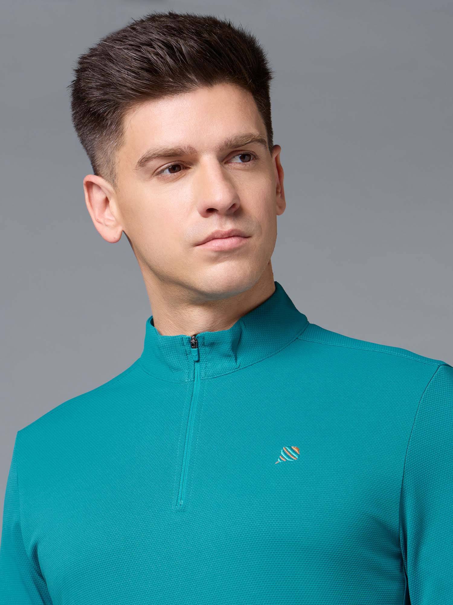 Buy Technosport Men Turquoise Textured Half Sleeves High Neck T