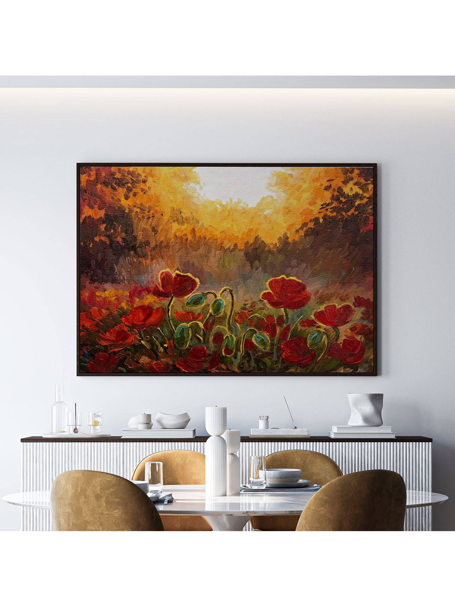 ARTCREST Poppies on a Red Yellow Large Painting Black Box Framed Canvas Wall Art
