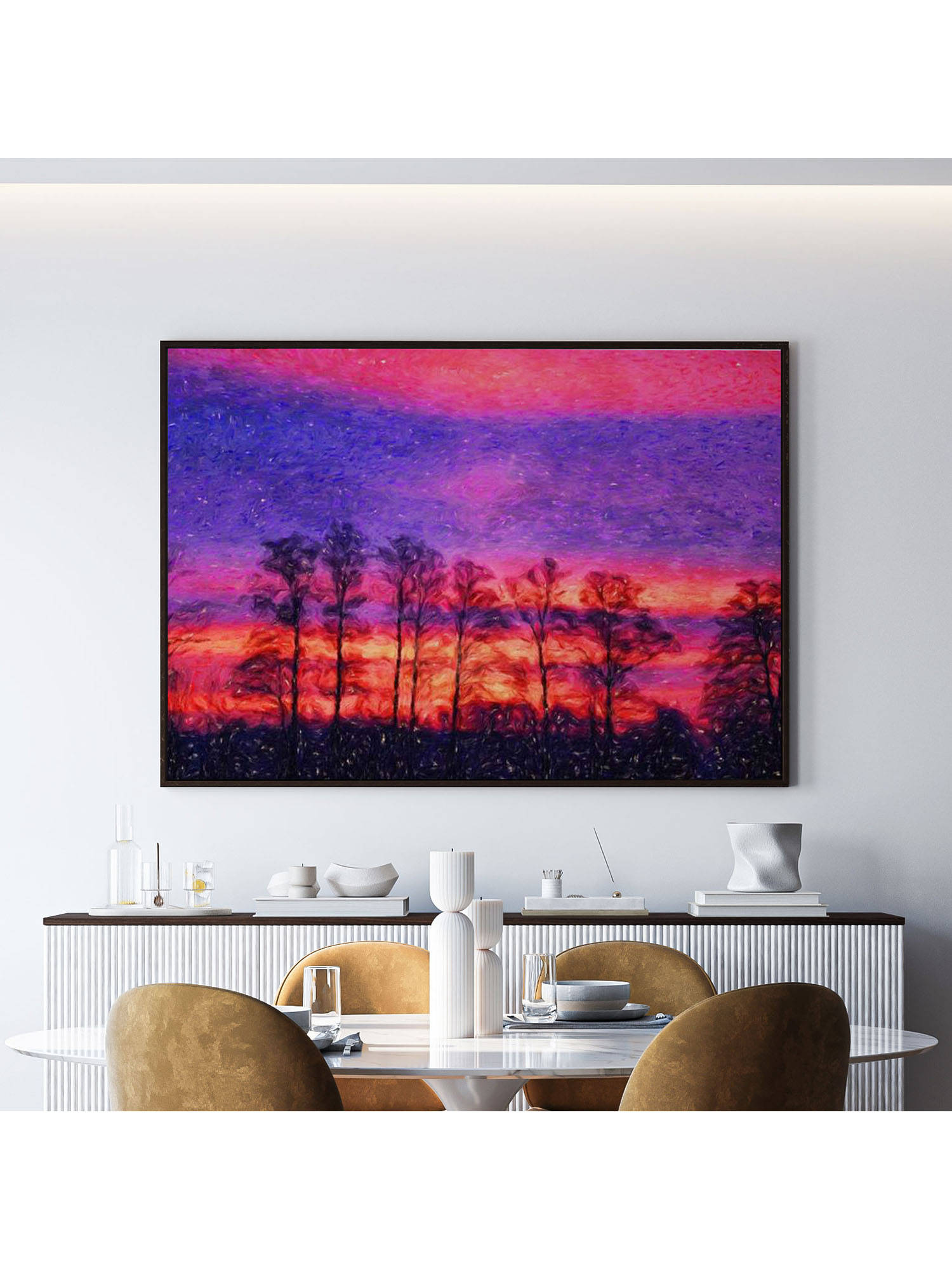 ARTCREST Sunset in a Forest Large Painting Black Box Framed Canvas Wall Art