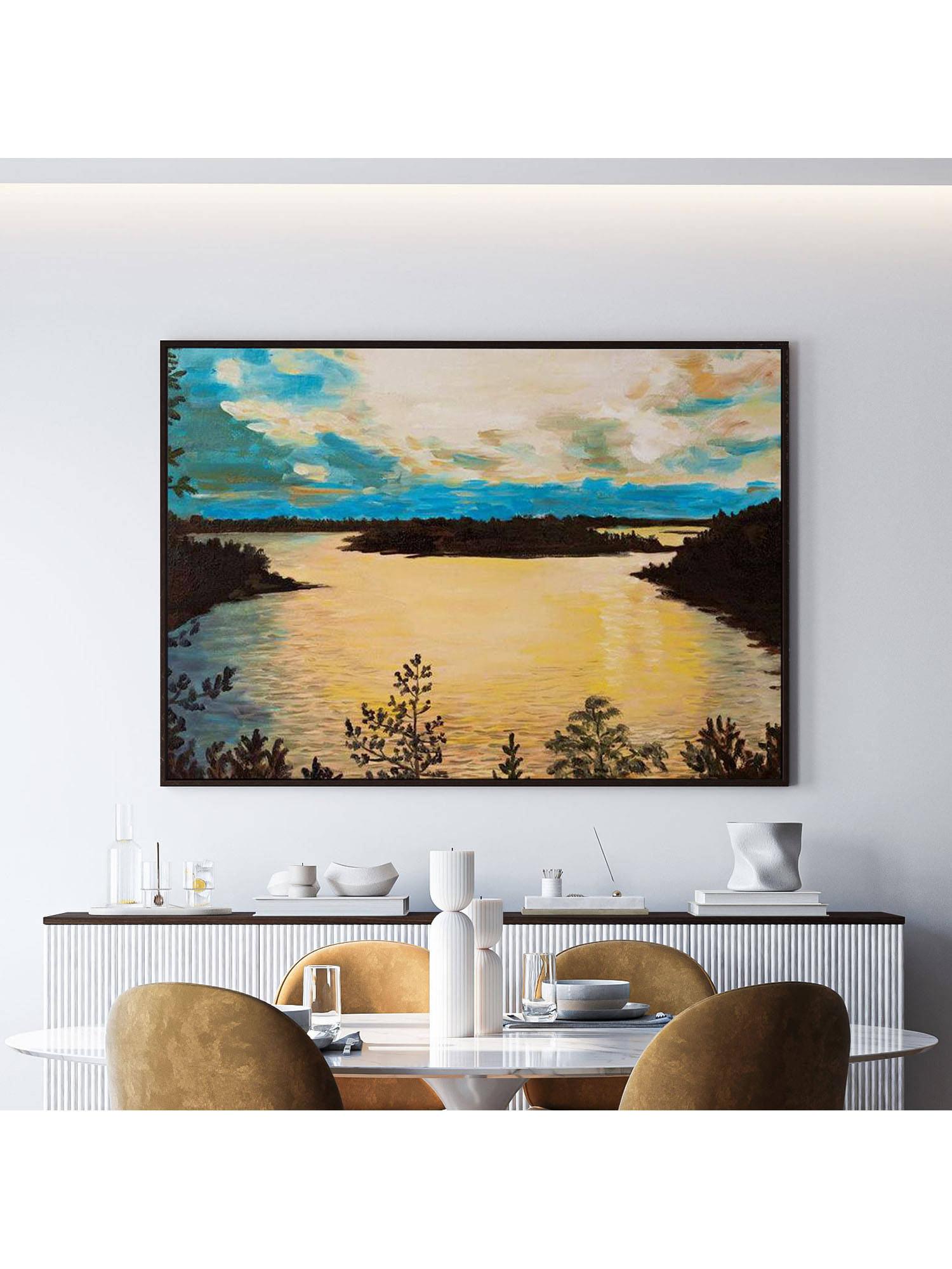 ARTCREST Sunset on the Lake, Beautiful Canvas Large Painting Black Box Framed Canvas Wall Art