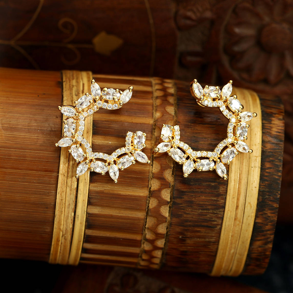 Anikas Creation Gold Plated Cz Stone Studded Round Stud