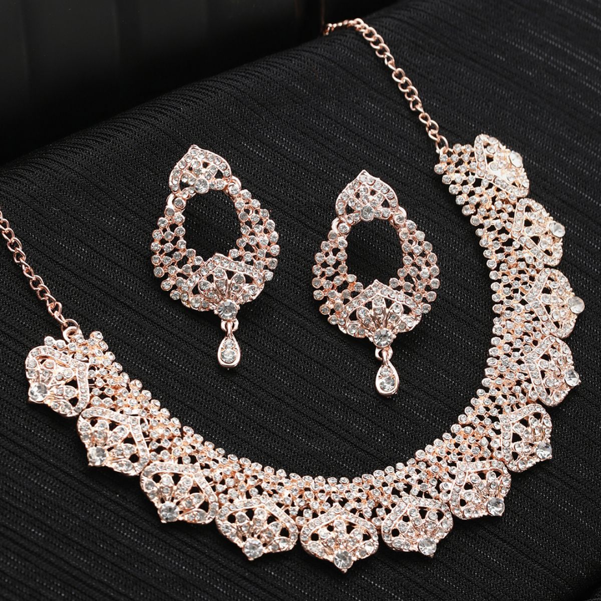 Priyaasi Floral American Diamond Studded Rose GoldPlated Jewellery Set