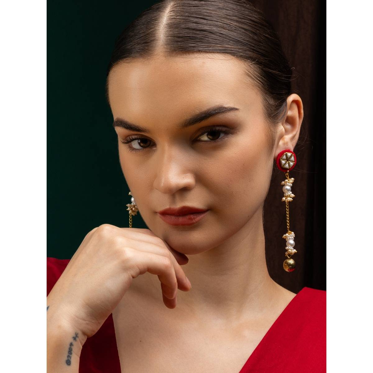 PANASH Gold Plated Pearls Beaded Contemporary Drop Earrings