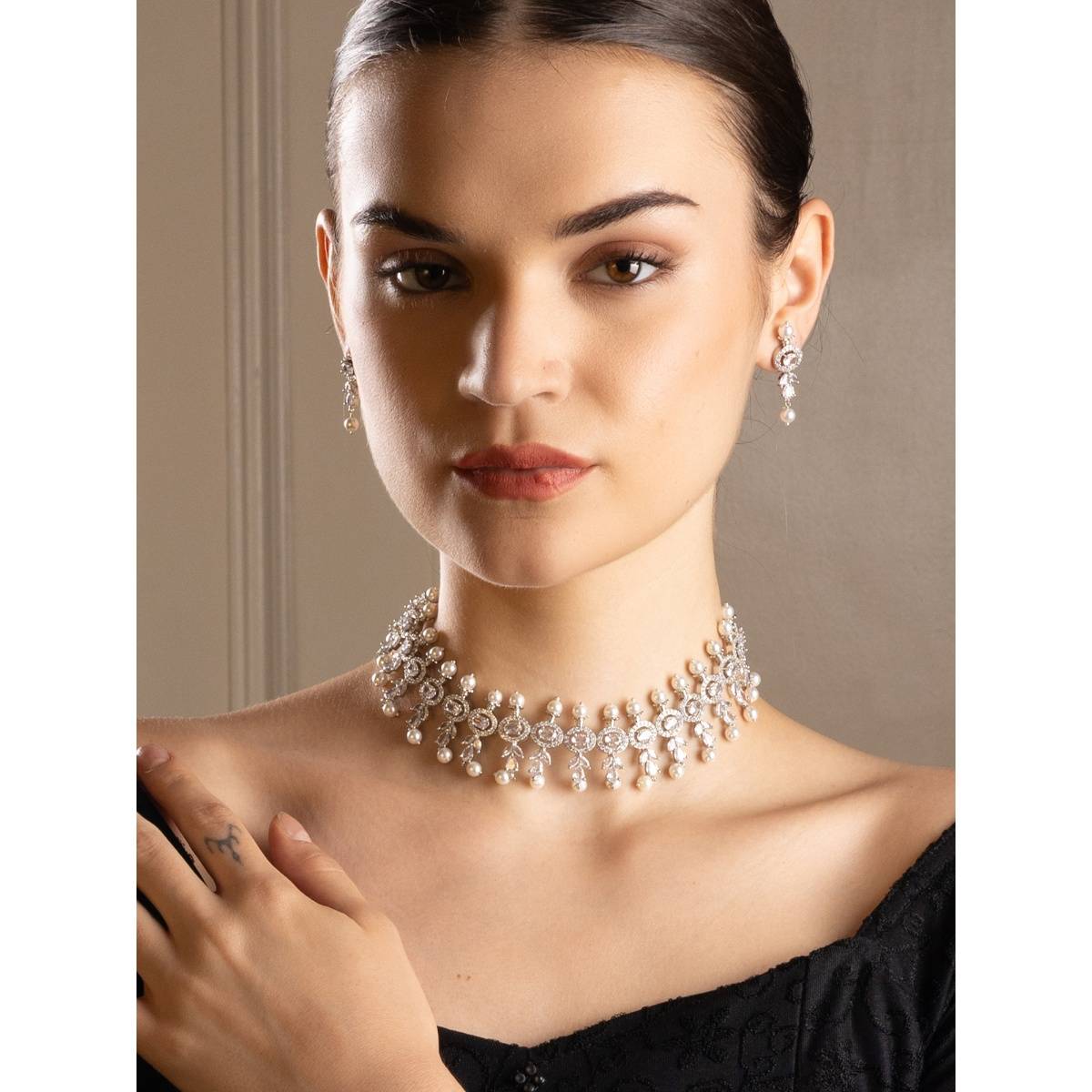 PANASH Silver Plated Stone Studded Jewellery Set