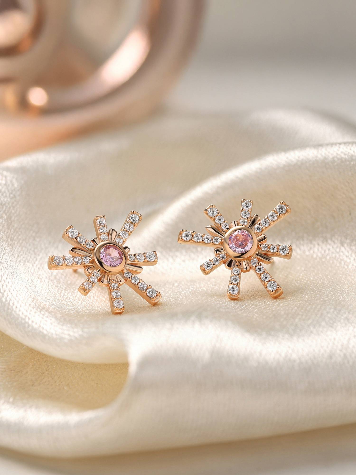 Ornate Jewels 925 Silver Rose Gold Pink American Diamond Sunburst Sparkle Earring for Women & Girls