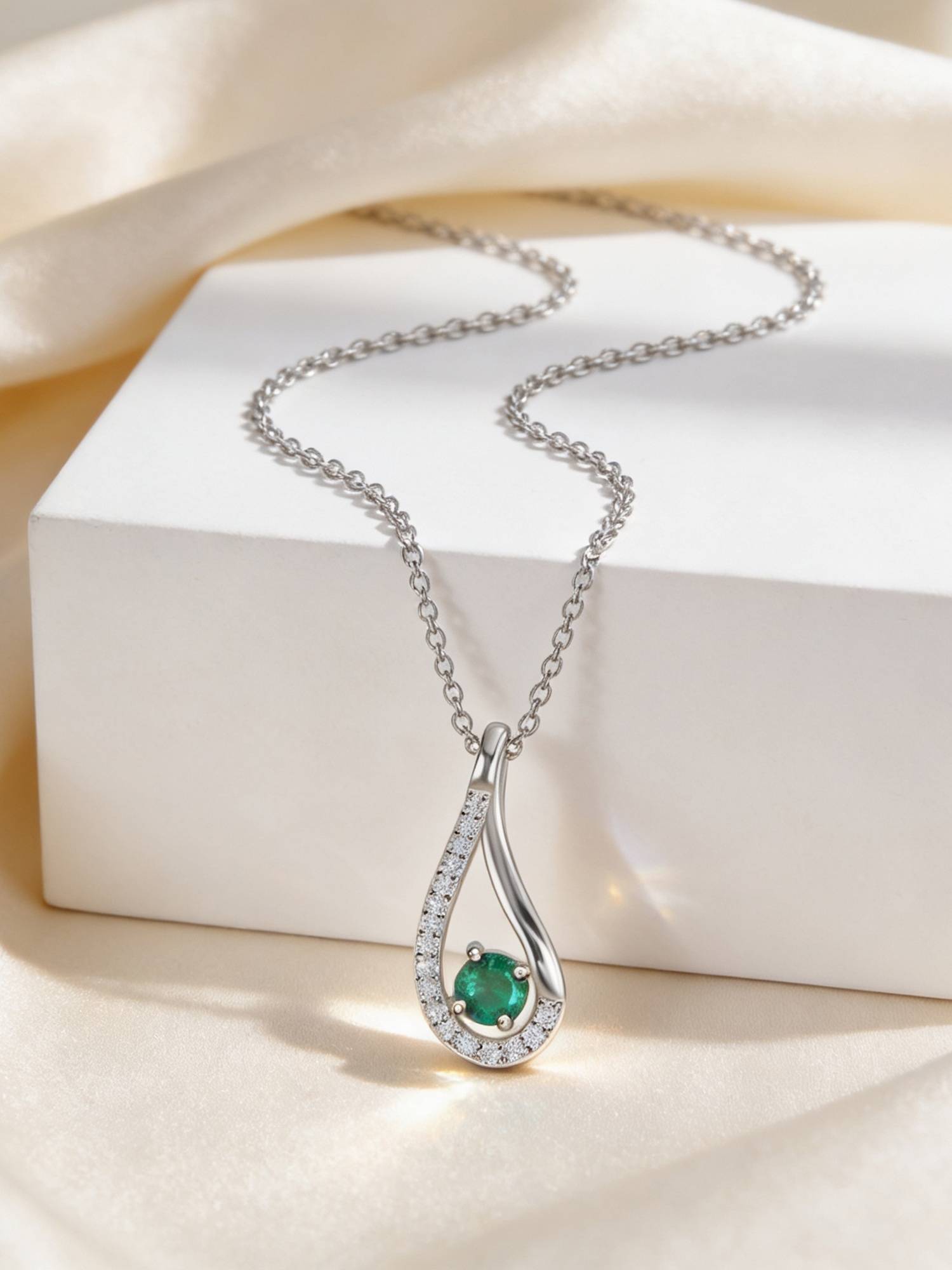 Ornate Jewels 925 Silver Green Emerald Teardrop Solitaire Adjustable Necklace for Women & Girls