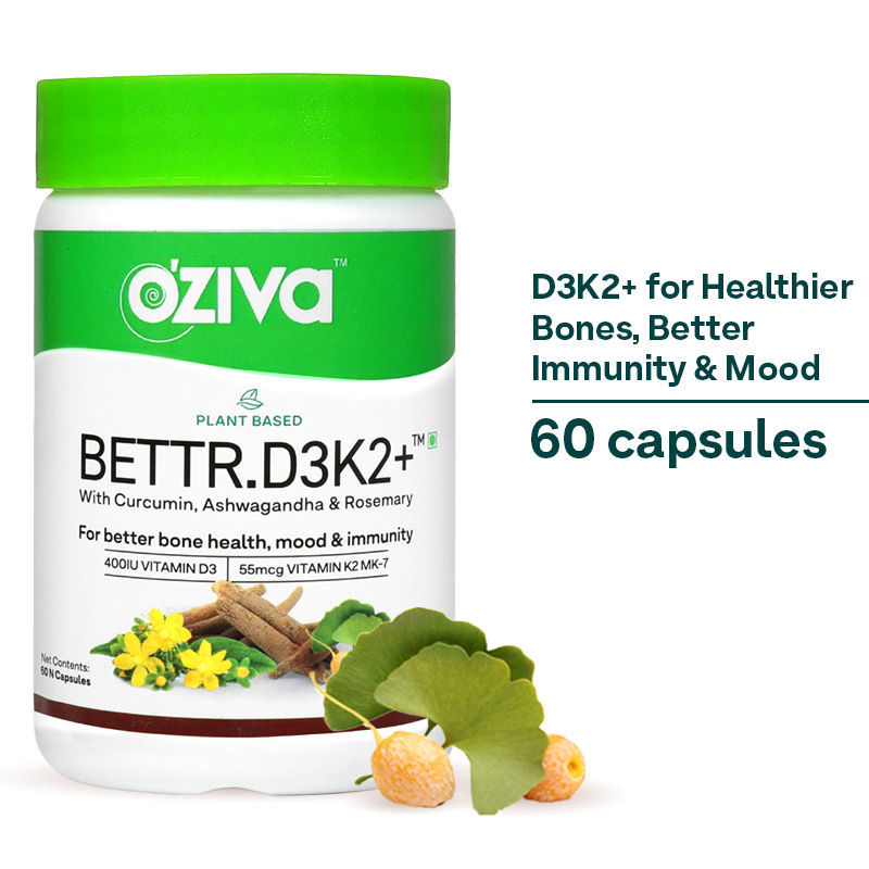 OZiva Bettr.D3K2+, Plant-Based Vitamin D3, K2 & Ashwagandha for Anti-Inflammation, Immunity & Mood