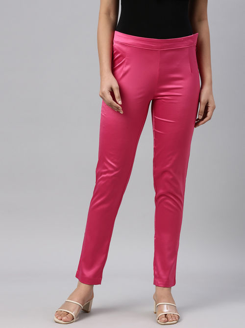 Go Colors Women Dark Solid Polyester Mid Rise Shiny Pants - Pink (L)
