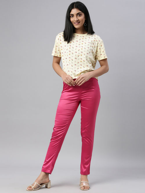 Go Colors Women Dark Solid Polyester Mid Rise Shiny Pants - Pink (L)
