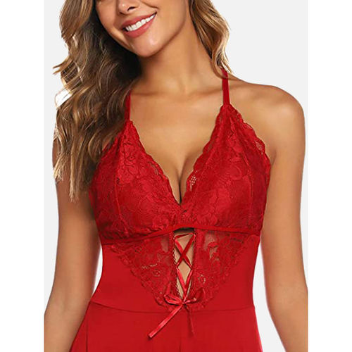 Buy FIMS Women Red Satin Babydoll Lingerie Nightwear Dress with Brief (Set  of 2) online